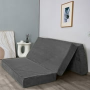 MAXYOYO 6 inch Folding Corduroy Mattress, Tri Fold Floor Mattress with Washable Cover,Foldable in Three,Space-Saving for Guest Dark Grey, Queen