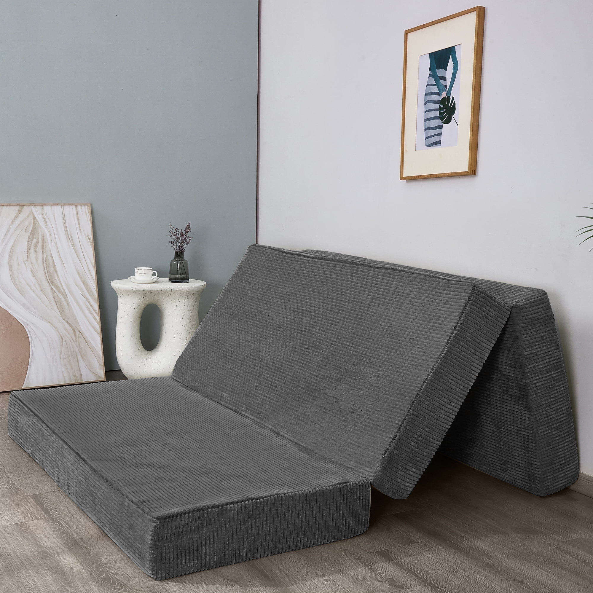 MAXYOYO 6 inch Folding Corduroy Mattress, Tri Fold Floor Mattress with Washable Cover,Foldable in Three,Space-Saving for Guest (Dark Grey, Queen)