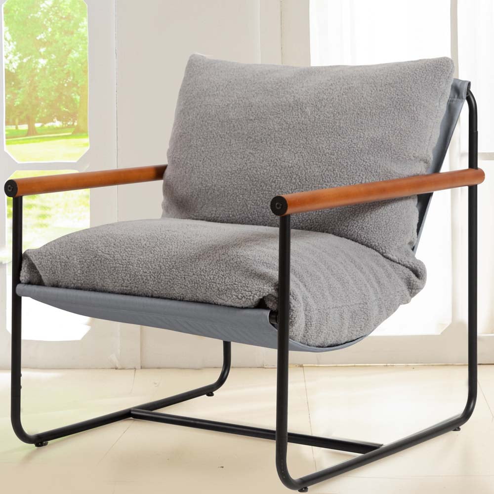 Gray Faux Fur Metal Frame Accent Chair with Wooden Armrests