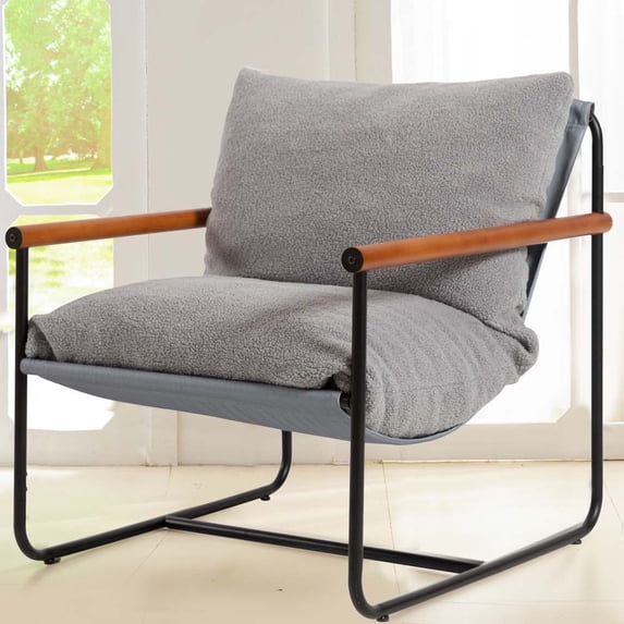 MAXYOYO Accent Chair,Sherpa Armchair for Living Room,Wooden Armrests Mid Century Modern Bedroom Reading Chair,Metal Frame Decorative Chair,Grey