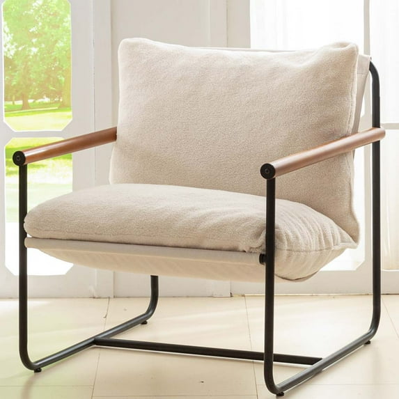 MAXYOYO Accent Chair,Sherpa Armchair for Living Room,Wooden Armrests Mid Century Modern Bedroom Reading Chair,Metal Frame Decorative Chair,White