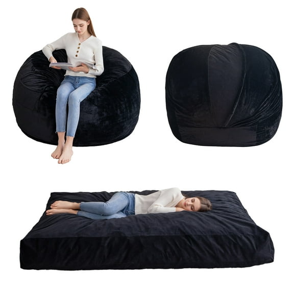 MAXYOYO Bean Bag Chair Bed,Convertible Bean Bag Folds from Lazy Chair to Floor Mattress Bed,Floor Sofa,Filled with High-Density Memory Foam Blocks,Suitable for Adults,Couples,Families,Queen,Black