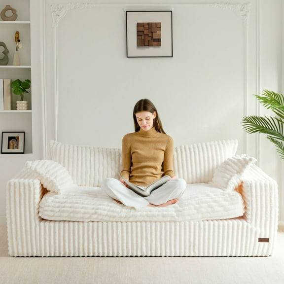 BYBYME Boneless Couch Sofa,Thick CorduroyBean Bag Chair Upholstered 3 Steater Sofa Couch with Deep Seating,Sofa in a Box or Bedroom Office Apartment,No Assembly,Beige