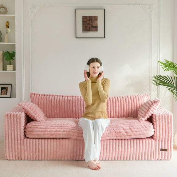 BYBYME Boneless Couch Sofa,Thick CorduroyBean Bag Chair Upholstered 3 Steater Sofa Couch with Deep Seating,Sofa in a Box or Bedroom Office Apartment,No Assembly,Pink