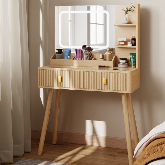 MAXYOYO Dressing Table with Light,Transparent Glass Countertop,2 Drawers and Storage Rack,Stylish Dressing Table Suitable for Bedroom,Nature