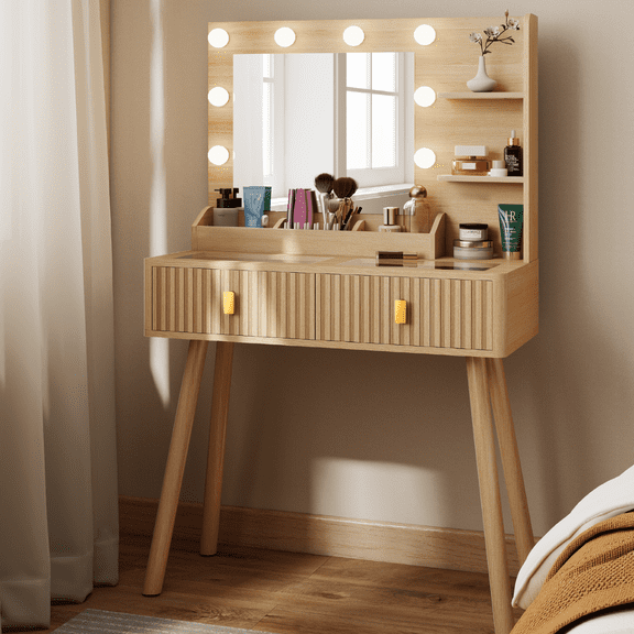 MAXYOYO Dressing Table with Light,Transparent Glass Countertop,2 Drawers and Storage Rack,Stylish Dressing Table Suitable for Bedroom,Nature