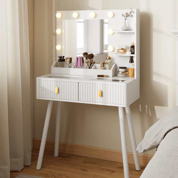 MAXYOYO Dressing Table with Light,Transparent Glass Countertop,2 Drawers and Storage Rack,Stylish Dressing Table Suitable for Bedroom,White