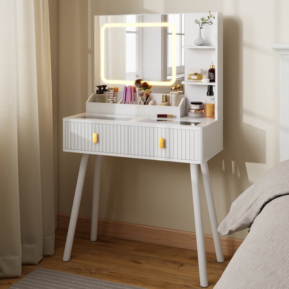 MAXYOYO Dressing Table with Light,Transparent Glass Countertop,2 Drawers and Storage Rack,Stylish Dressing Table Suitable for Bedroom,White