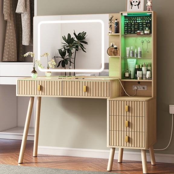 MAXYOYO Dressing Table with Light,Transparent Glass Countertop5 Drawers and Storage Shelves,Vanity Table Set with Charging Station for Bedroom,Nature