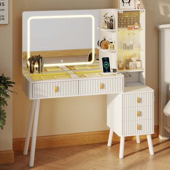 MAXYOYO Dressing Table with Light,Transparent Glass Countertop5 Drawers and Storage Shelves,Vanity Table Set with Charging Station for Bedroom,White