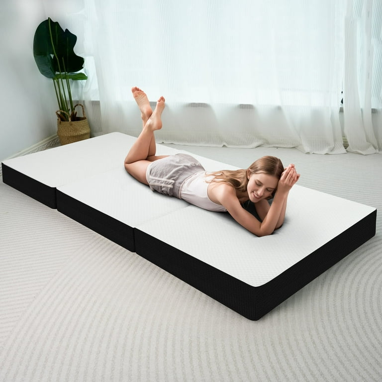 Sleep Floor Mat 4 Inch Tri Folding Single Bed Memory Foam Guest Mattress  Topper