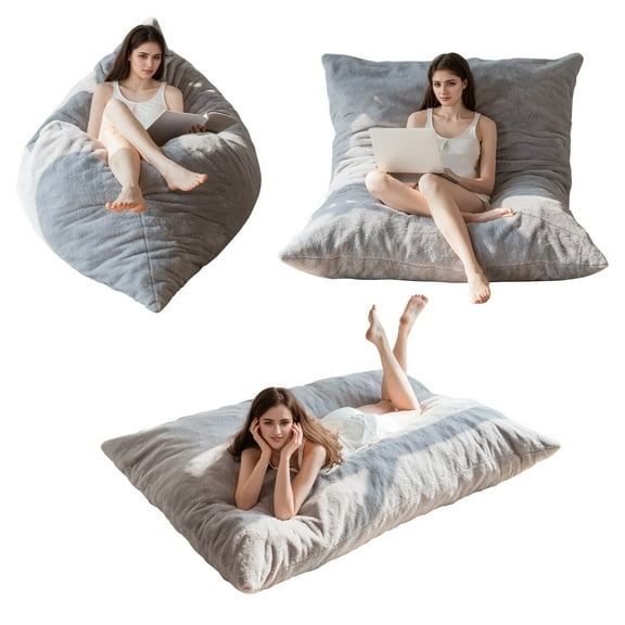 MAXYOYO Giant Fur Bean Bag Chair for Adult, Round Soft Fluffy BeanBag with Machine Washable Cover,Grey,Square,queen