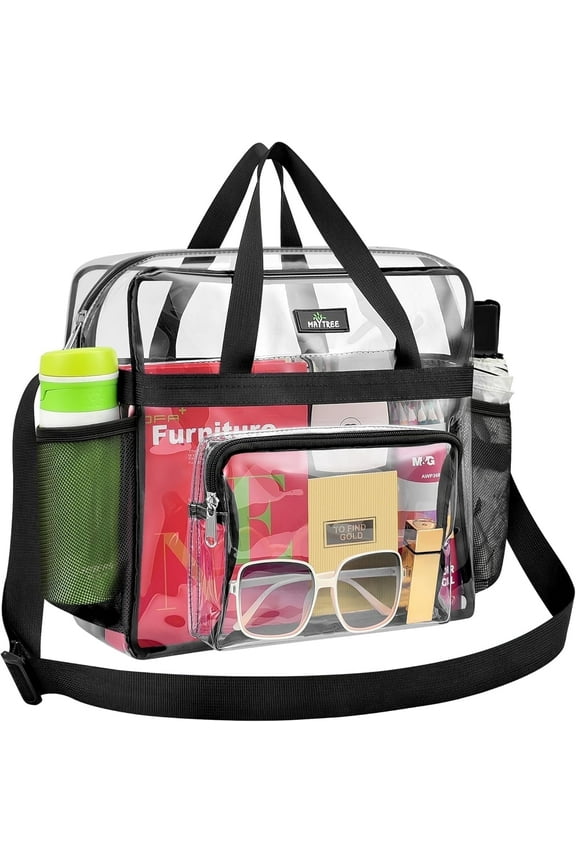 Clear Bag for Stadium Events, 12×6×12 Clear Tote Bag with Adjustable Strap for Sports Work Festival Concert - Black
