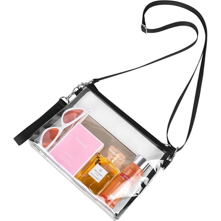 MAY TREE Clear Purse, Clear Crossbody Handbag with Detatchable Strap, Clear Bag for Stadium Use Events Sports Concert Work and Festivals - Black