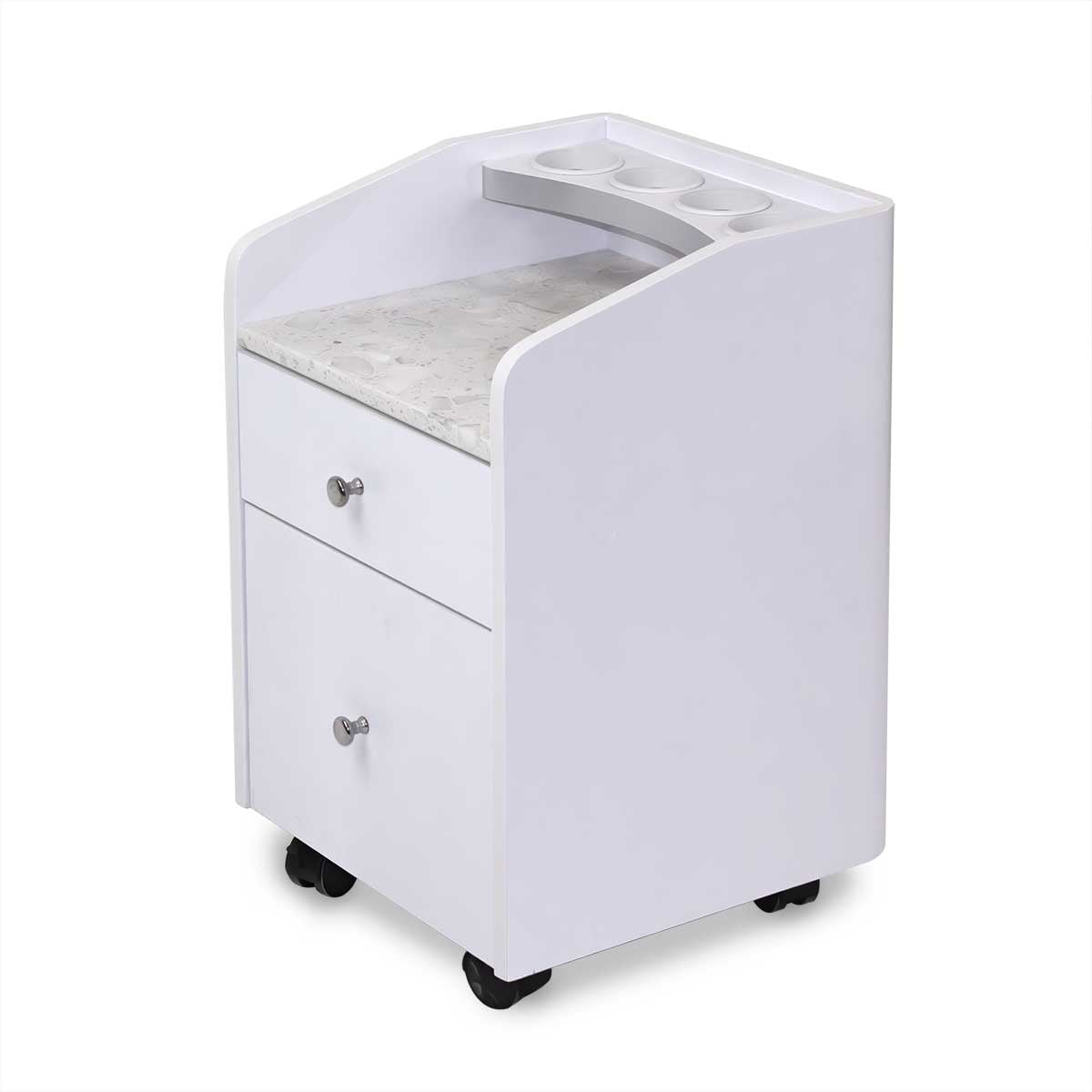 MAYAKOBA Sonoma Rolling Pedicure Trolley with Marble Top and Storage Drawers Luxe White Silver Accents