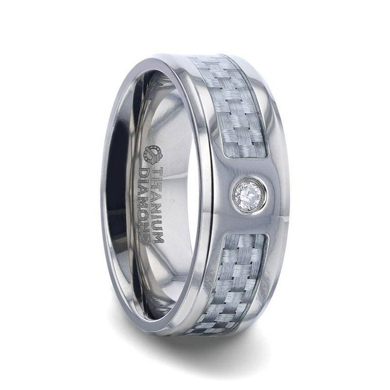 Thorsten MAYBACH Light Gray Carbon Fiber Titanium Men's Wedding Band with White Diamond In The Squared Center Setting And Polished Beveled Edges - 8mm Thorsten MAYBACH Light Gray Carbon Fiber Titanium Men's Wedding Band with White Diamond In The Squared Center Setting And Polished Beveled Edges - 8mm