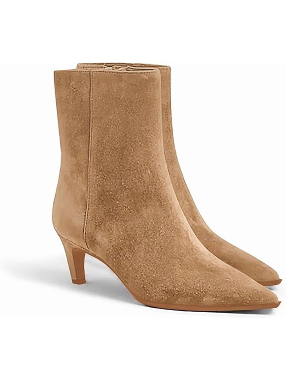 MAYBEL CARAMEL Women's Ankle Boots Heel: Chunky Low Heeled Almond Toe Booties | Cushioned All-Day Comfort for Walking - Side Zipper short Booties - Dress Western Style for Fall Size 9