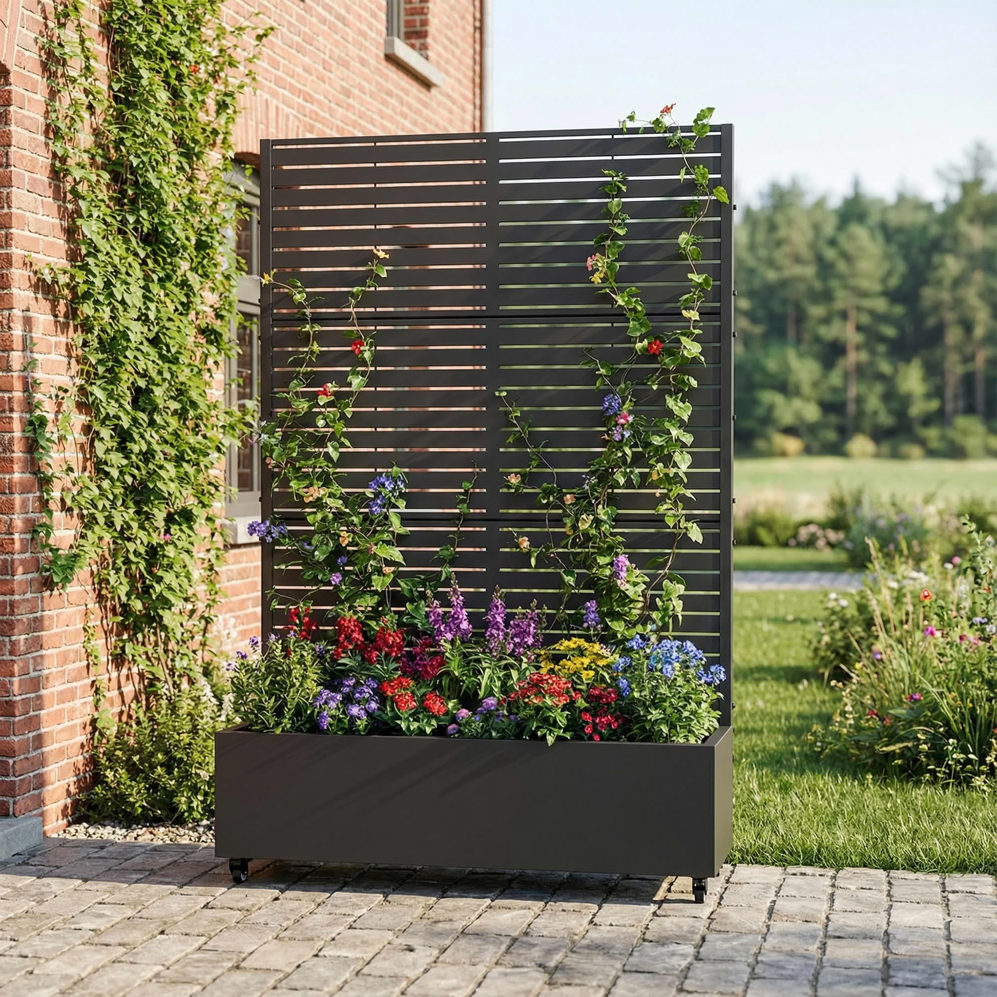 MAYEERTY 1-Pc 6 × 4FT Black Metal Raised Planter Box with Classic Louvered Trellis, 5-Pnl, for Patio Garden