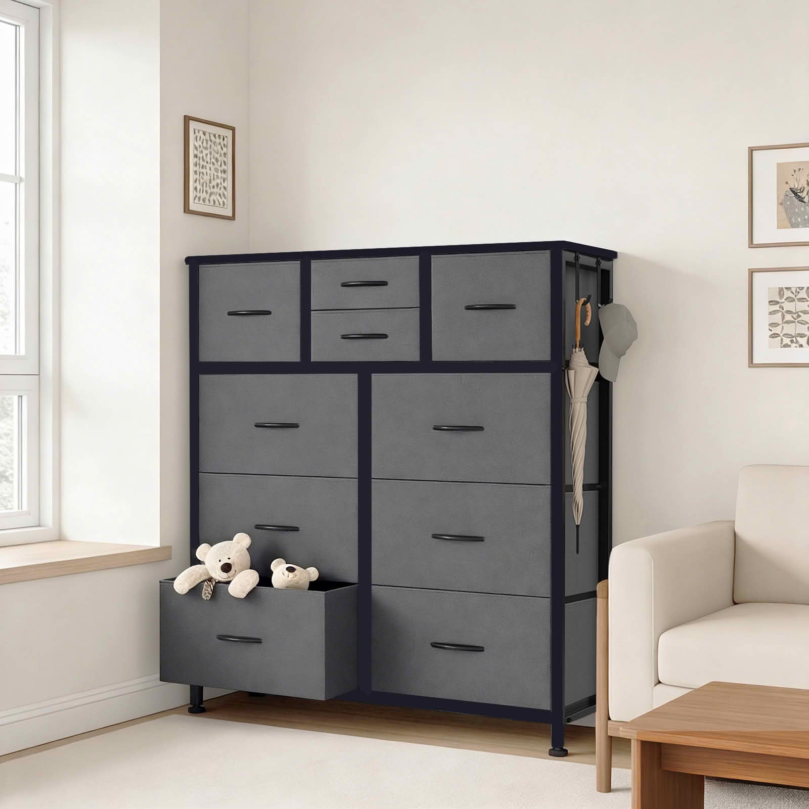 MAYEERTY 10-Drawer Storage Dresser, Cabinet with Side Pocket Hooks Wood Top for Bedroom Closet