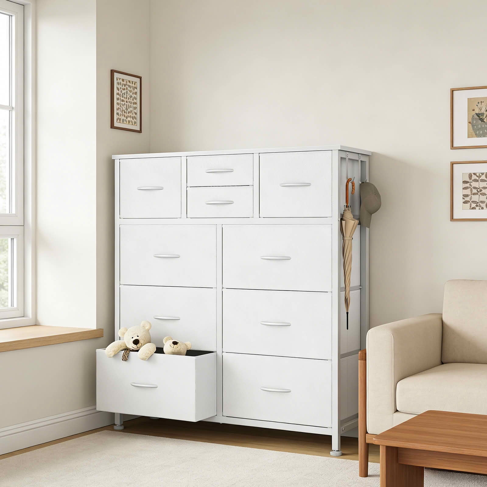 MAYEERTY 10-Drawer Storage Dresser, Cabinet with Side Pocket Hooks Wood Top for Bedroom Closet