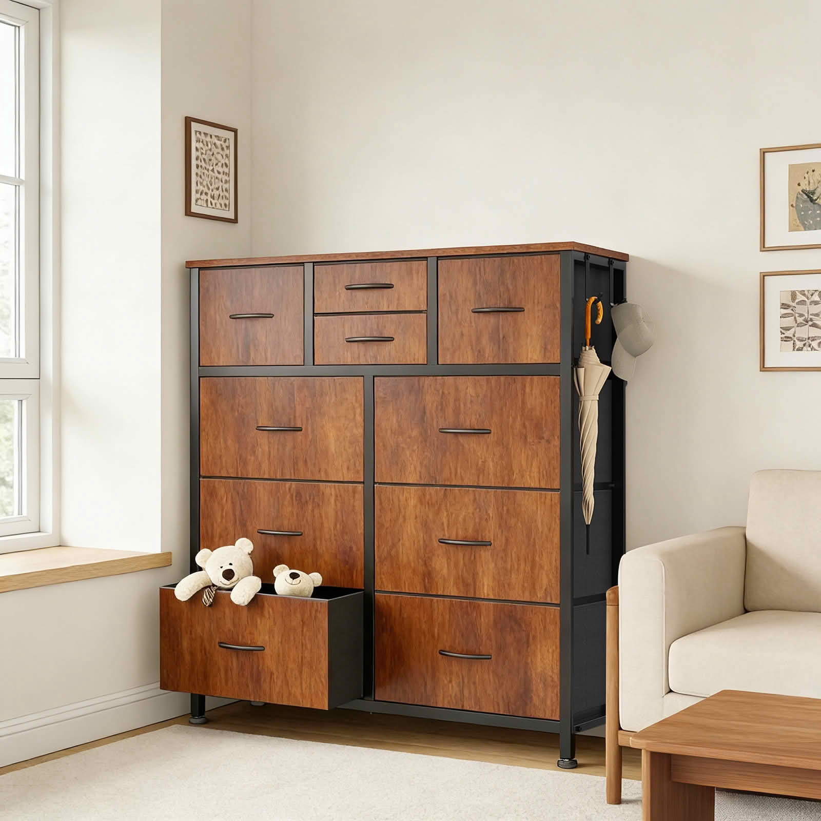 MAYEERTY 10-Drawer Storage Dresser, Cabinet with Side Pocket Hooks Wood Top for Bedroom Closet