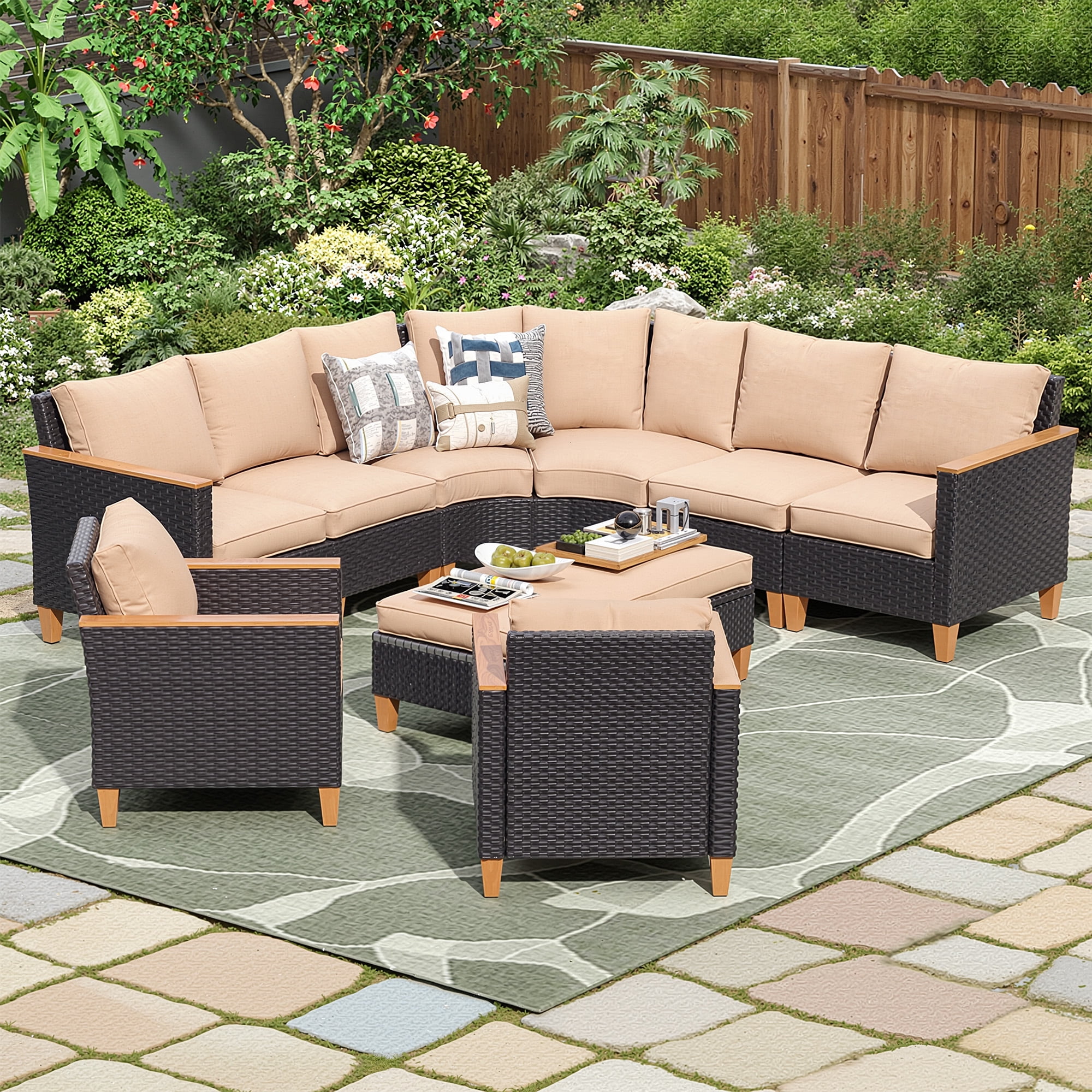 MAYEERTY 10-Piece Outdoor Patio Curved Rattan Sofa Set with Ottomans and Fan-shaped Seats