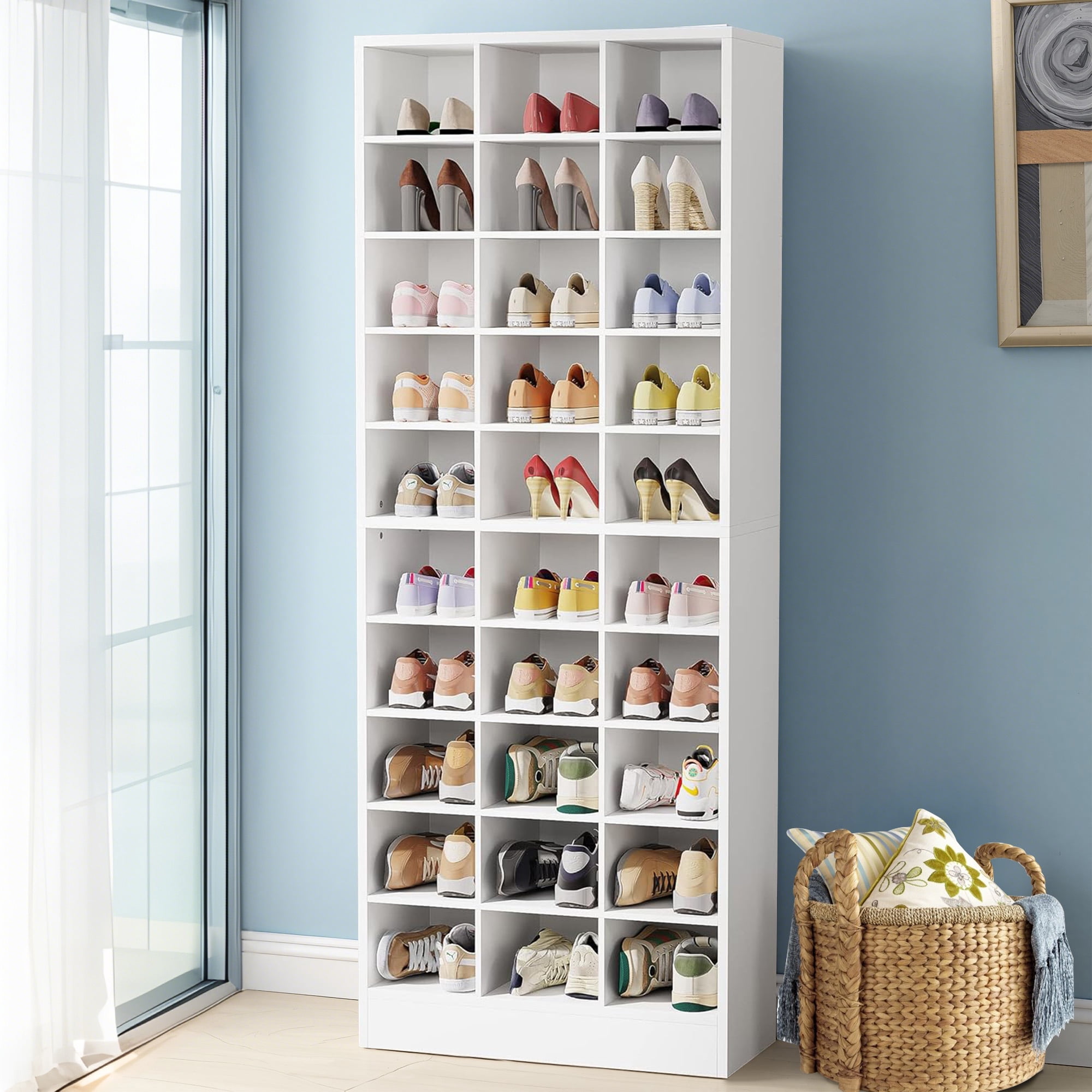 MAYEERTY 10-Tier Shoe Storage Cabinet with 30 Cubbies, White Shoe Rack with Removable Shelves, Holds 30 Pairs for Entryway Closet