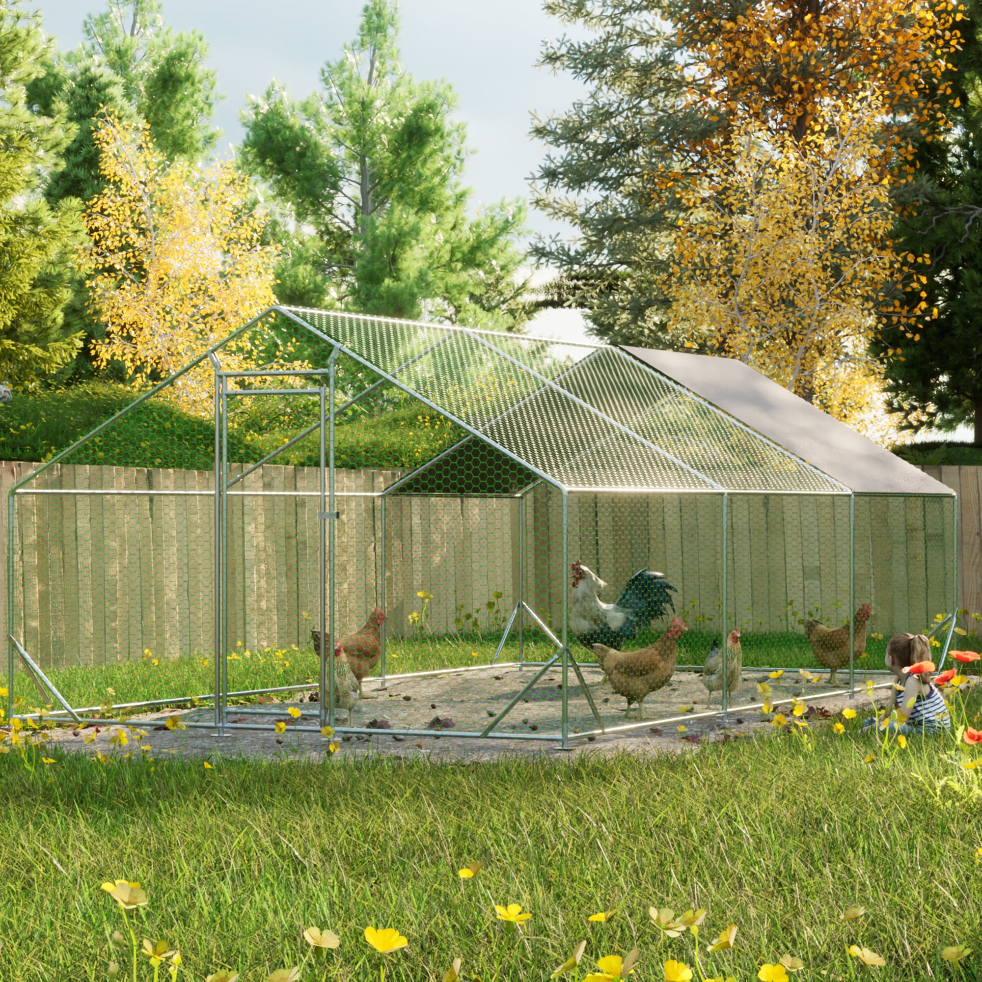 MAYEERTY 10'x20'x6.56' Metal Chicken Coop, Walk-in Poultry Pen w/UV-Proof Cover for Backyard Farm