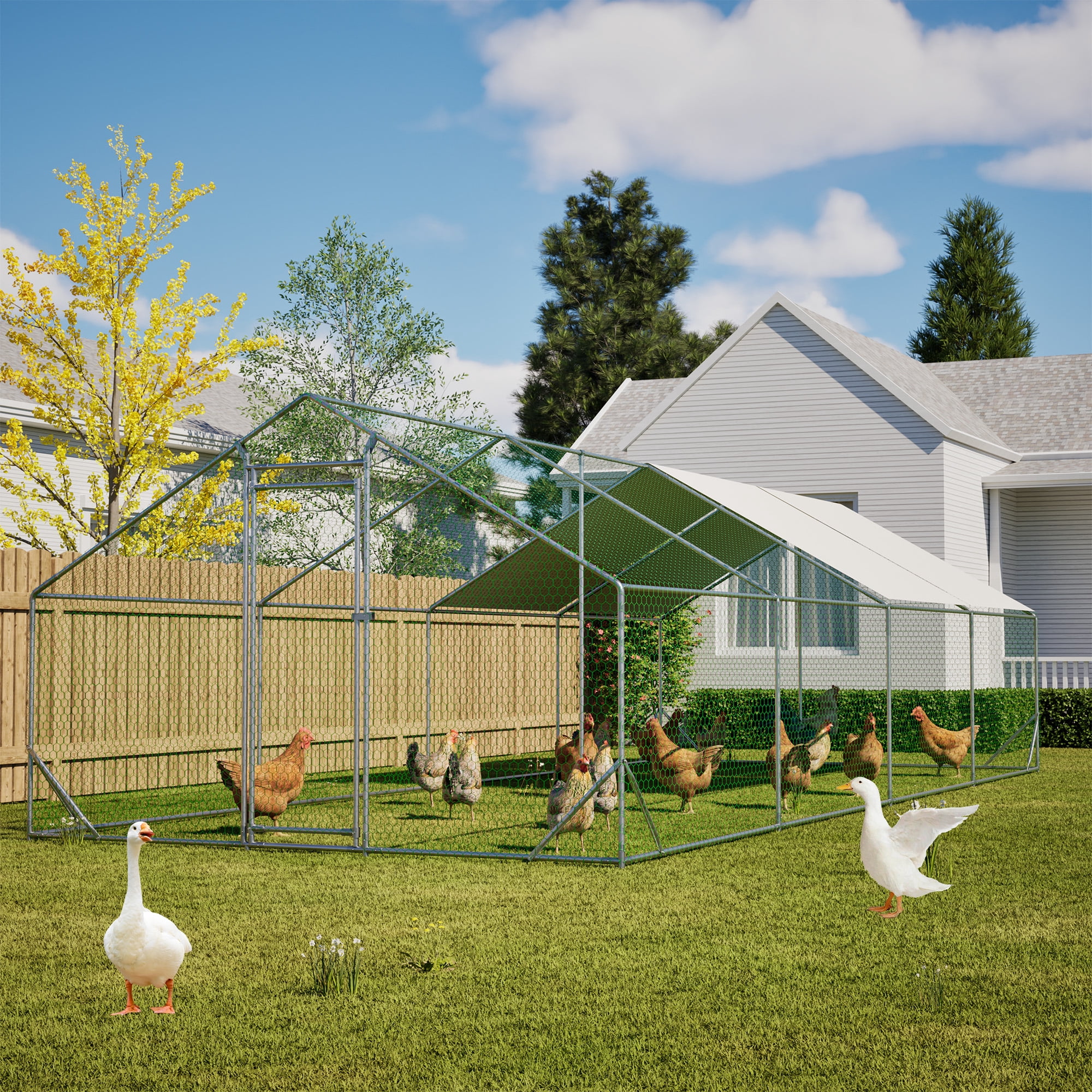 MAYEERTY 10'x26'x6.56' Metal Chicken Coop, Walk-in Poultry Pen w/UV-Proof Cover Lockable Door for Backyard