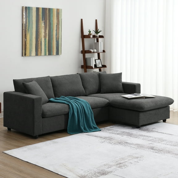 MAYEERTY 100.4x64.6" Modern Sectional Sofa - L-Shaped 4-Seat Polyester Couch with 2 Pillows/Ottoman for Living Room/Apartment, 4 Colors
