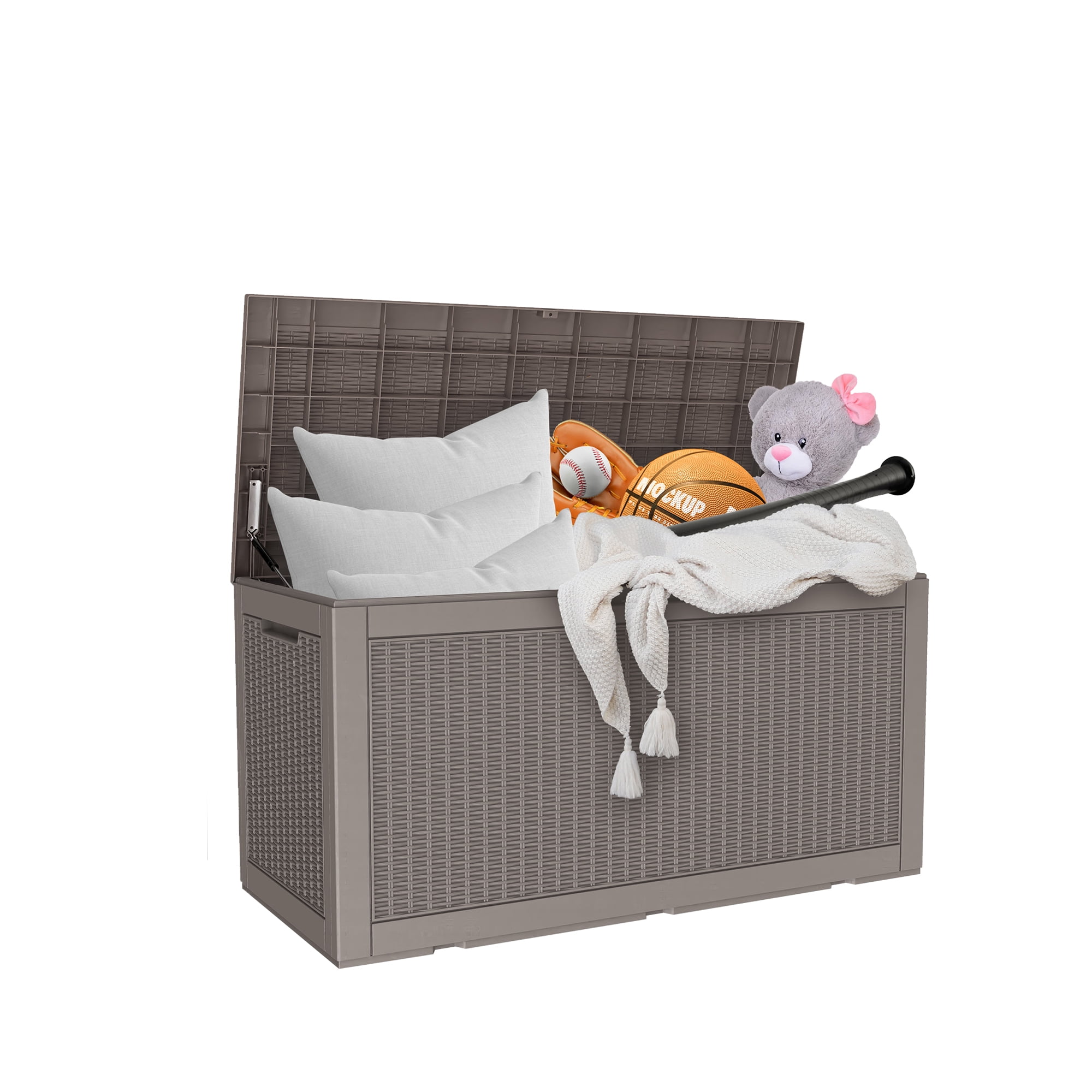 MAYEERTY 100 Gallon Outdoor Deck Box, Large Capacity Storage Box for Patio Furniture Cushions, Pillow with Wheels, Light Brown