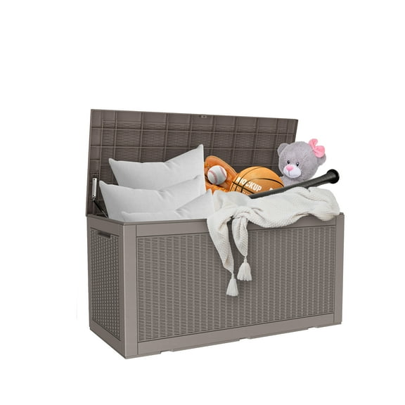 MAYEERTY 100 Gallon Outdoor Deck Box, Large Capacity Storage Box for Patio Furniture Cushions, Pillow with Wheels, Light Brown