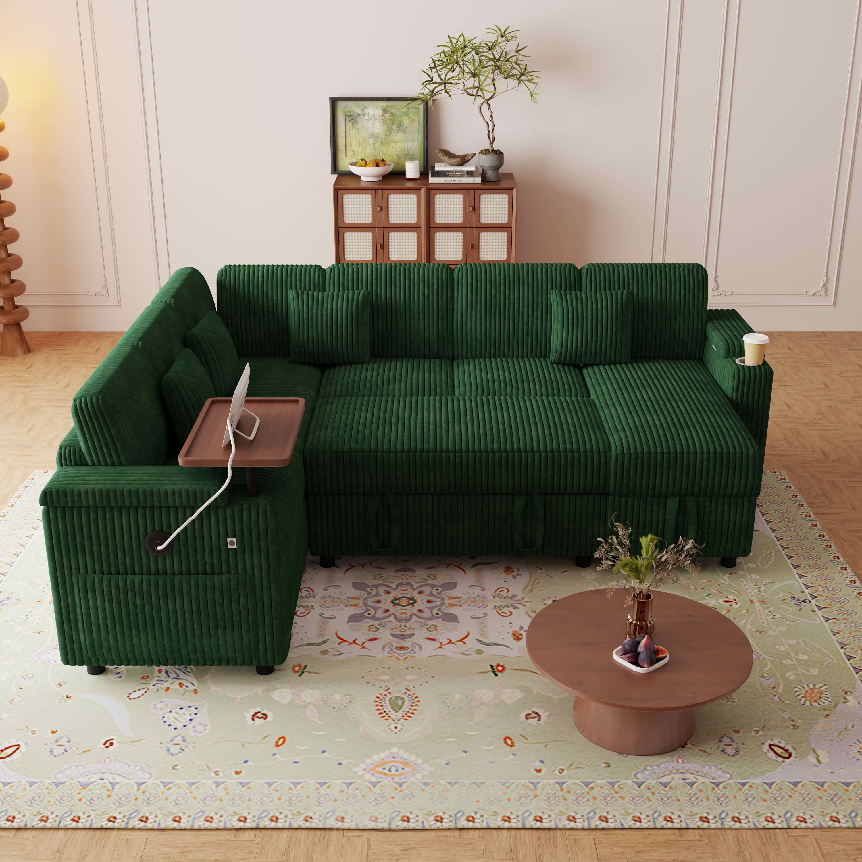 MAYEERTY 100-Inch Green Corduroy 7-Seat U-Shaped Pull-Out Sofa Bed, Modular Sectional Couch with USB Ports, Cup Holder & Storage