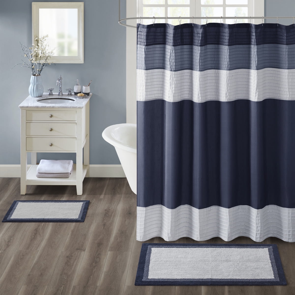 MAYEERTY 100% Medium Pile Cotton Tufted Bathroom Mat, Navy, 20"W x 30"L