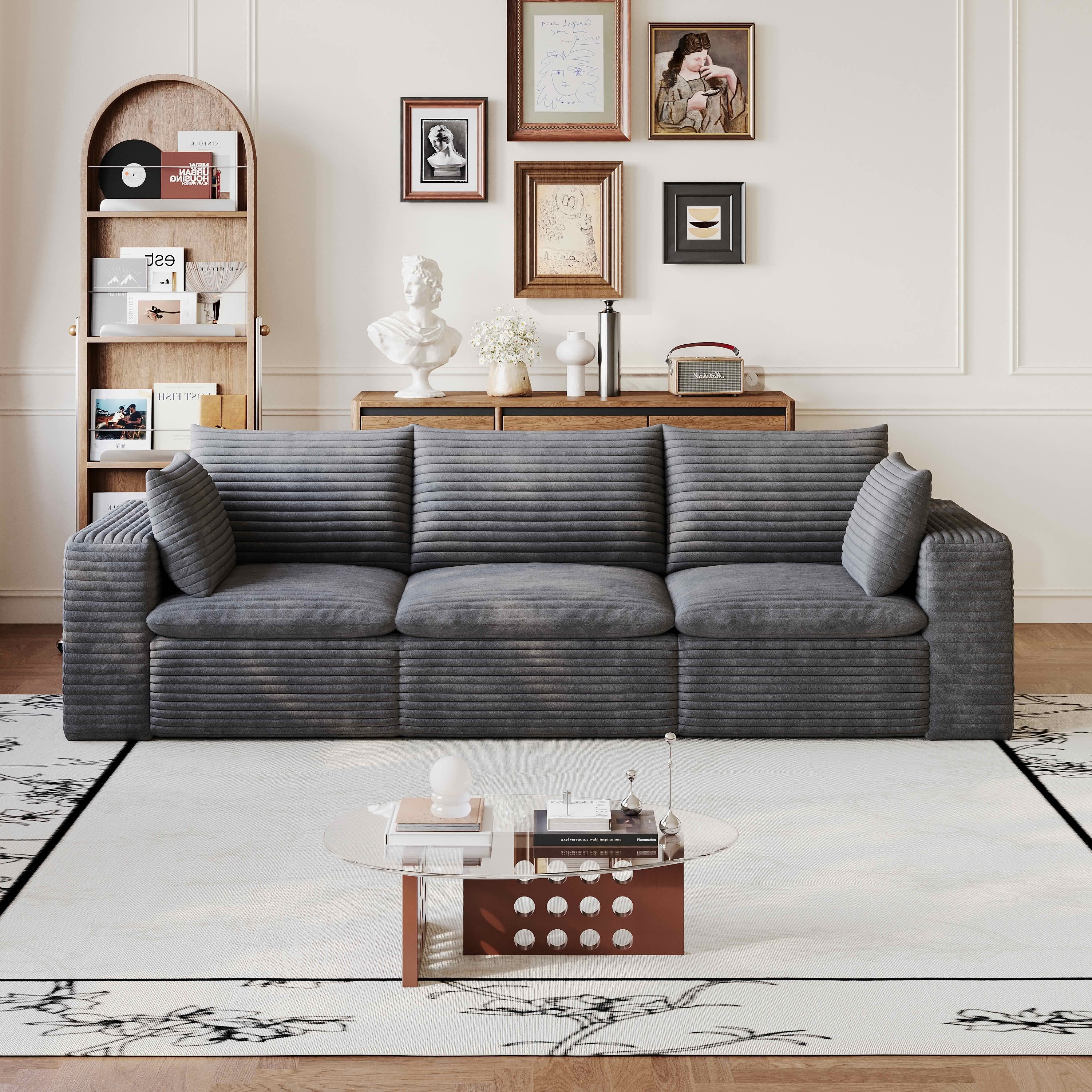 MAYEERTY 102.4 Inch Cloud Modular Sofa, Corduroy Deep‑Seat Couch with Double‑Layer Removable Cushions, No‑Assembly DIY Combination Sponge Sofa for Living Room Bedroom Conference Room Apartment