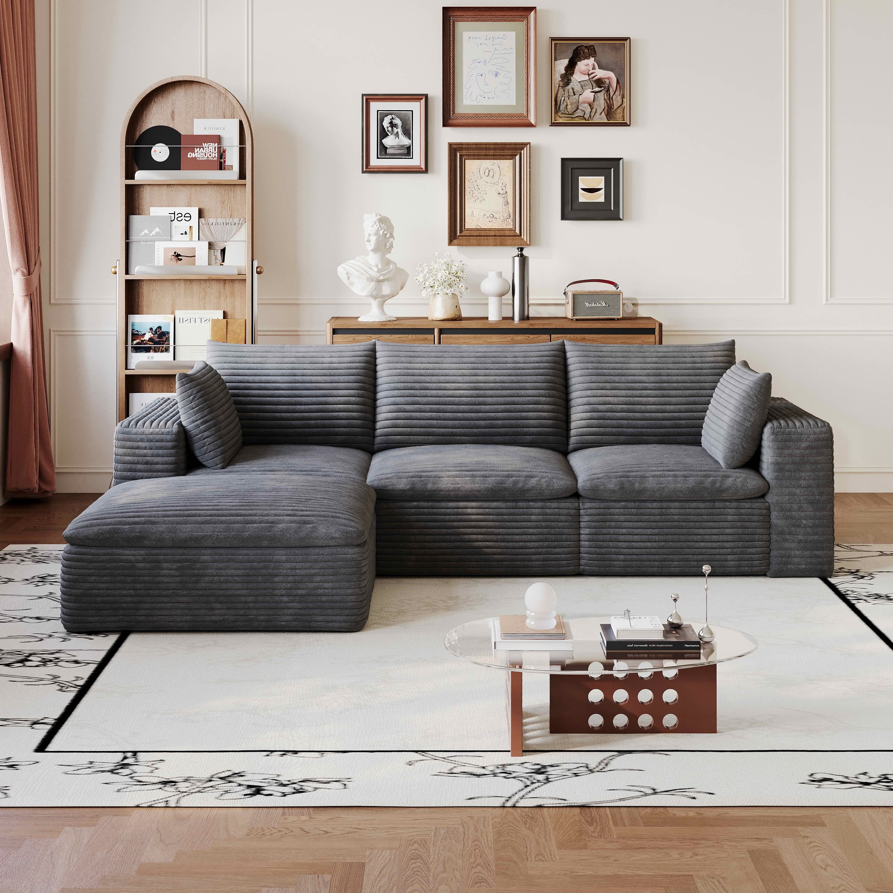 MAYEERTY 102.4 Inch Cloud Modular Sofa, Corduroy Deep‑Seat Couch with Double‑Layer Removable Cushions, No‑Assembly DIY Combination Sponge Sofa for Living Room Bedroom Conference Room Apartment