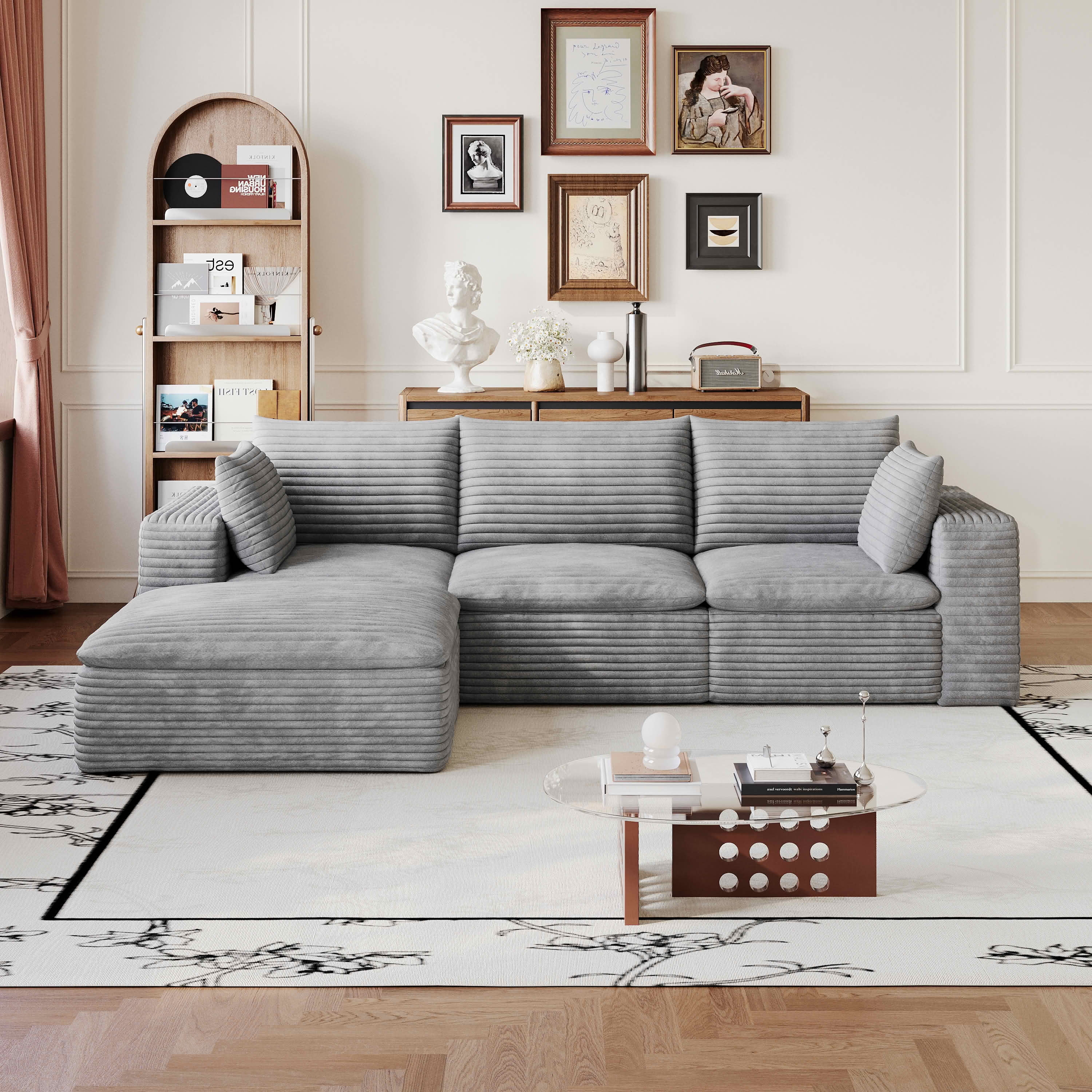 MAYEERTY 102.4 Inch Cloud Modular Sofa, Corduroy Deep‑Seat Couch with Double‑Layer Removable Cushions, No‑Assembly DIY Combination Sponge Sofa for Living Room Bedroom Conference Room Apartment