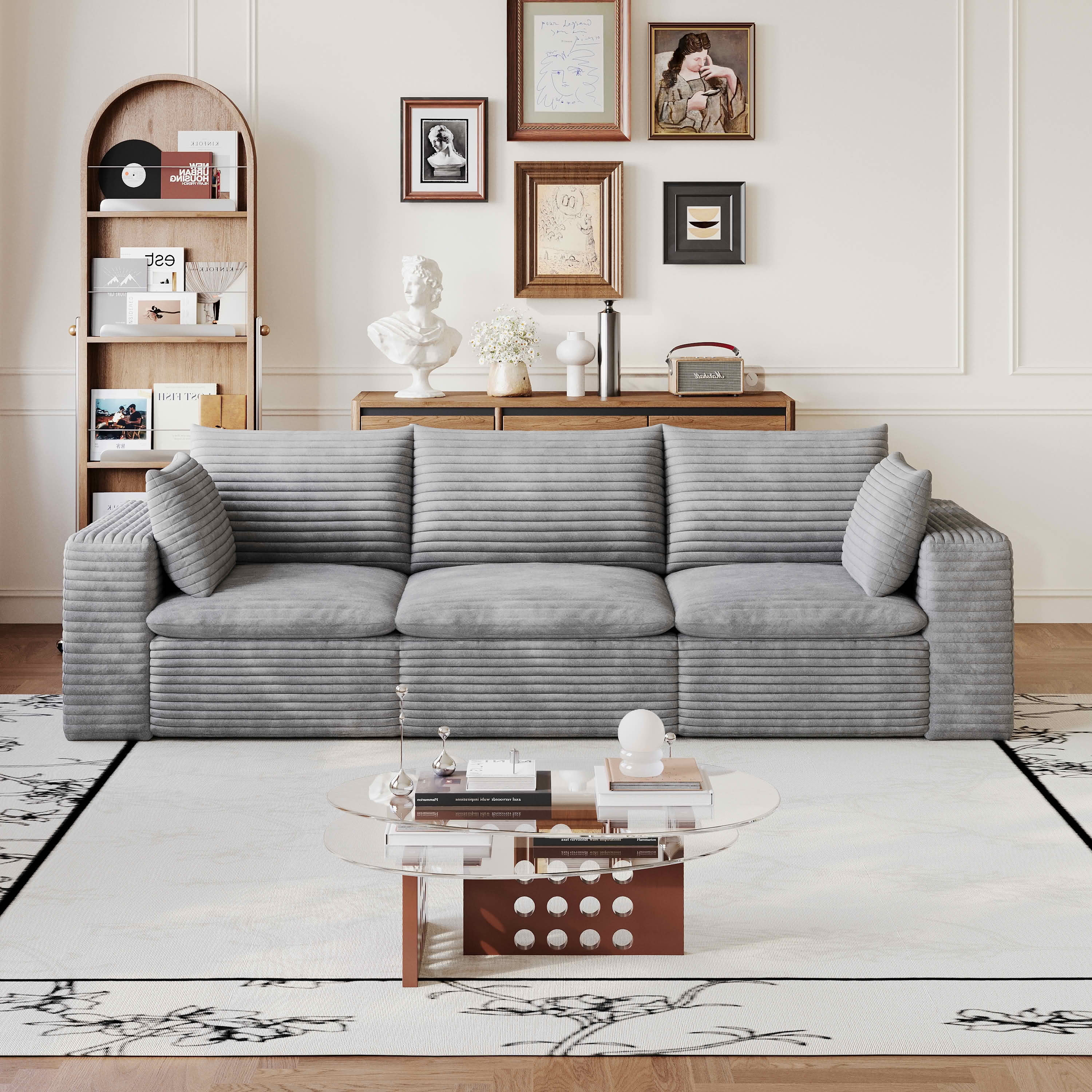 MAYEERTY 102.4 Inch Cloud Modular Sofa, Corduroy Deep‑Seat Couch with Double‑Layer Removable Cushions, No‑Assembly DIY Combination Sponge Sofa for Living Room Bedroom Conference Room Apartment