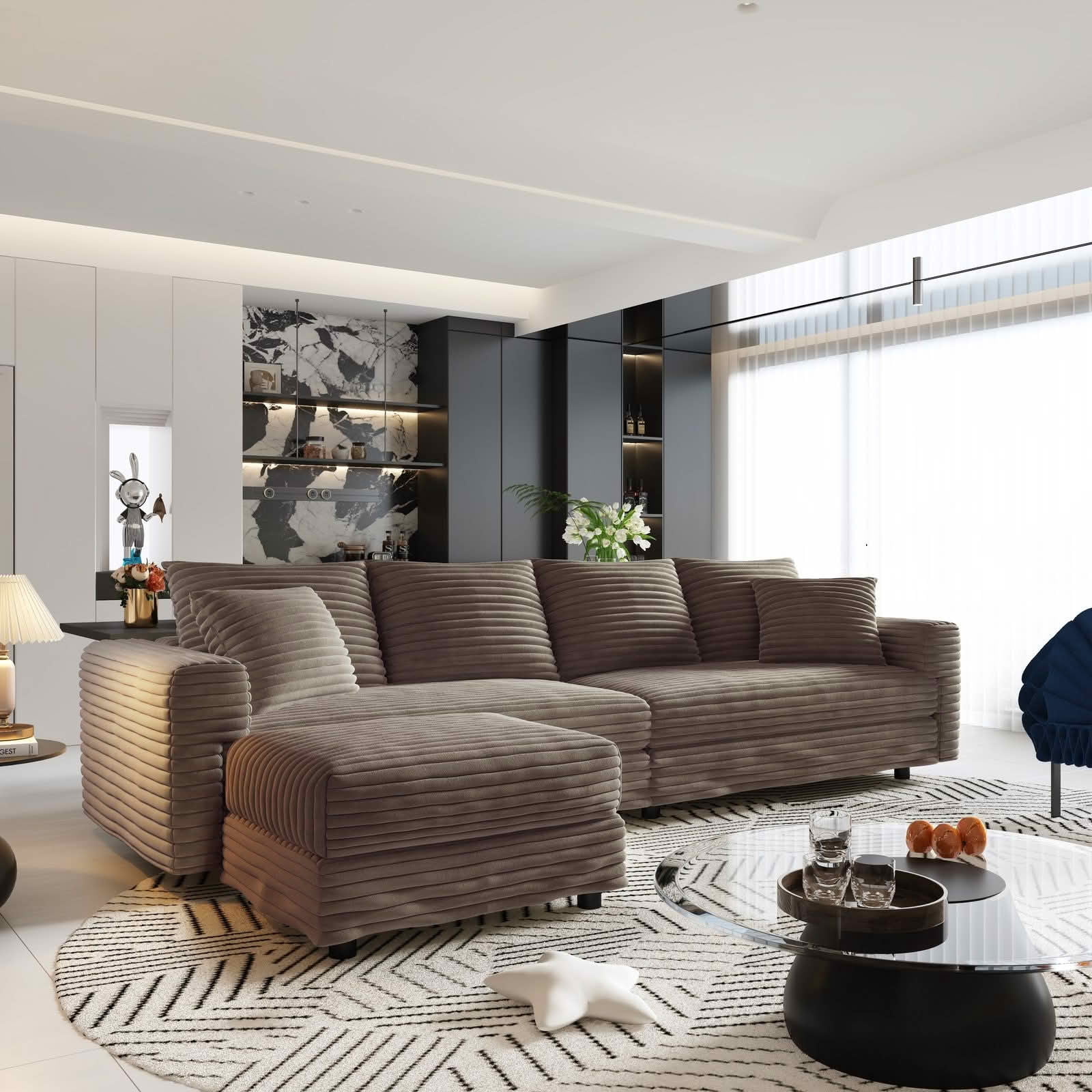 MAYEERTY 102.4" Plush Corduroy 4-Seat Cloud Sofa, Modern Comfy Upholstered Deep Seat Couch with Soft Pillows & Movable Ottoman, Convertible Sofa Lounge Chair for Living Room