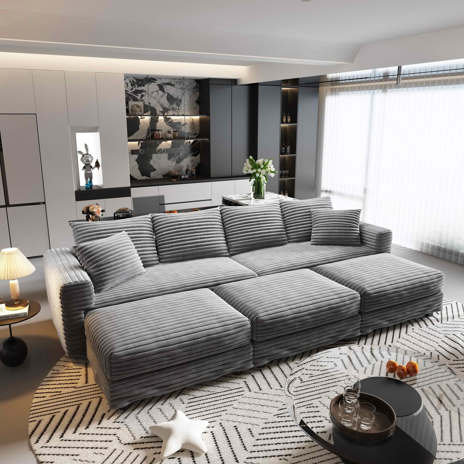 MAYEERTY 102.4" Plush Corduroy 4‑Seat Cloud Sofa with 3 Movable Ottomans, Convertible Deep Seat Lounge Couch for Apartment