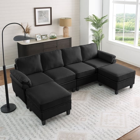 MAYEERTY 102 Inch Linen Modular Sectional Sofa, DIY Convertible Combination Sofa Couch with Storage Ottomans, for Living Room, Apartment
