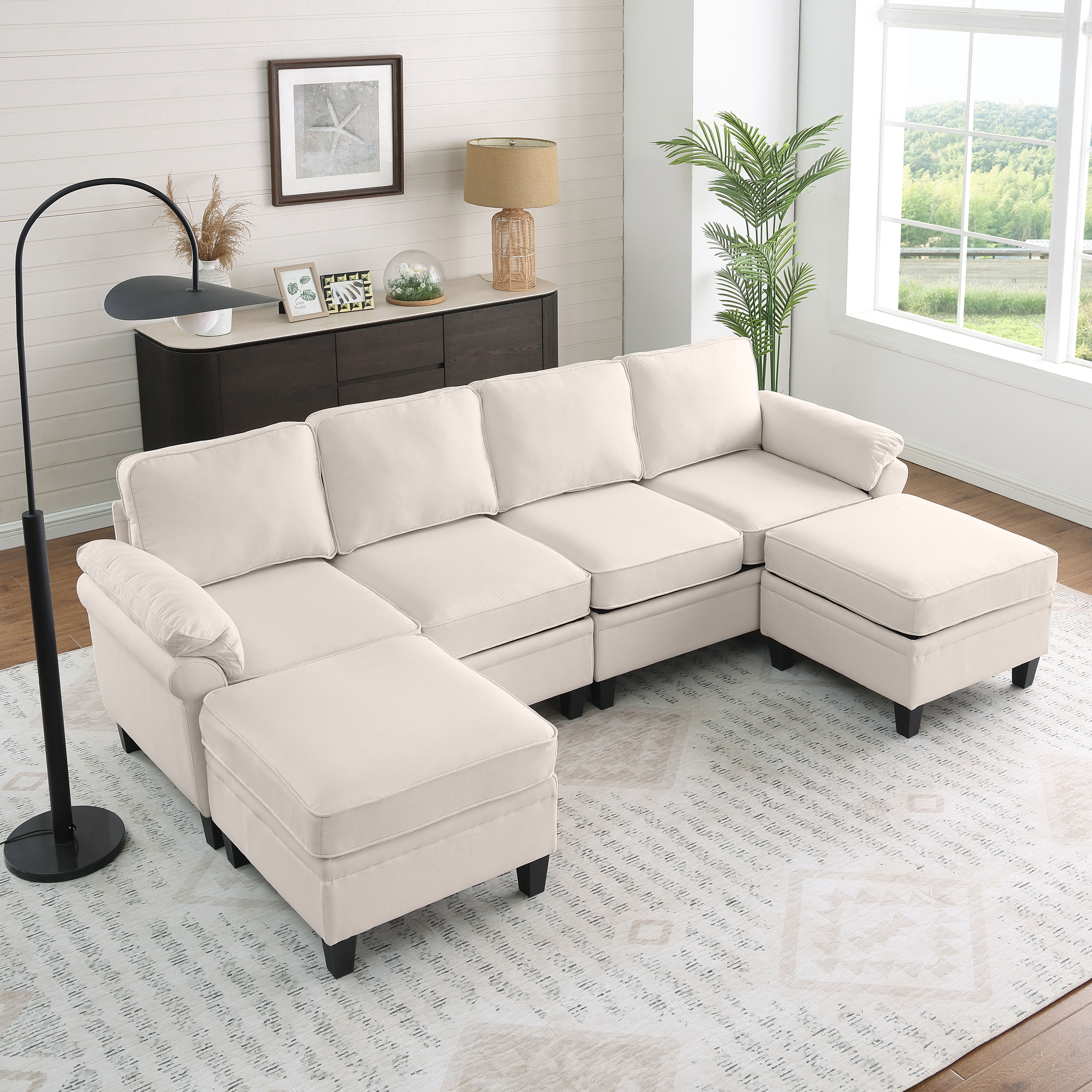 MAYEERTY 102 Inch Linen Modular Sectional Sofa, DIY Convertible Combination Sofa Couch with Storage Ottomans, for Living Room, Apartment