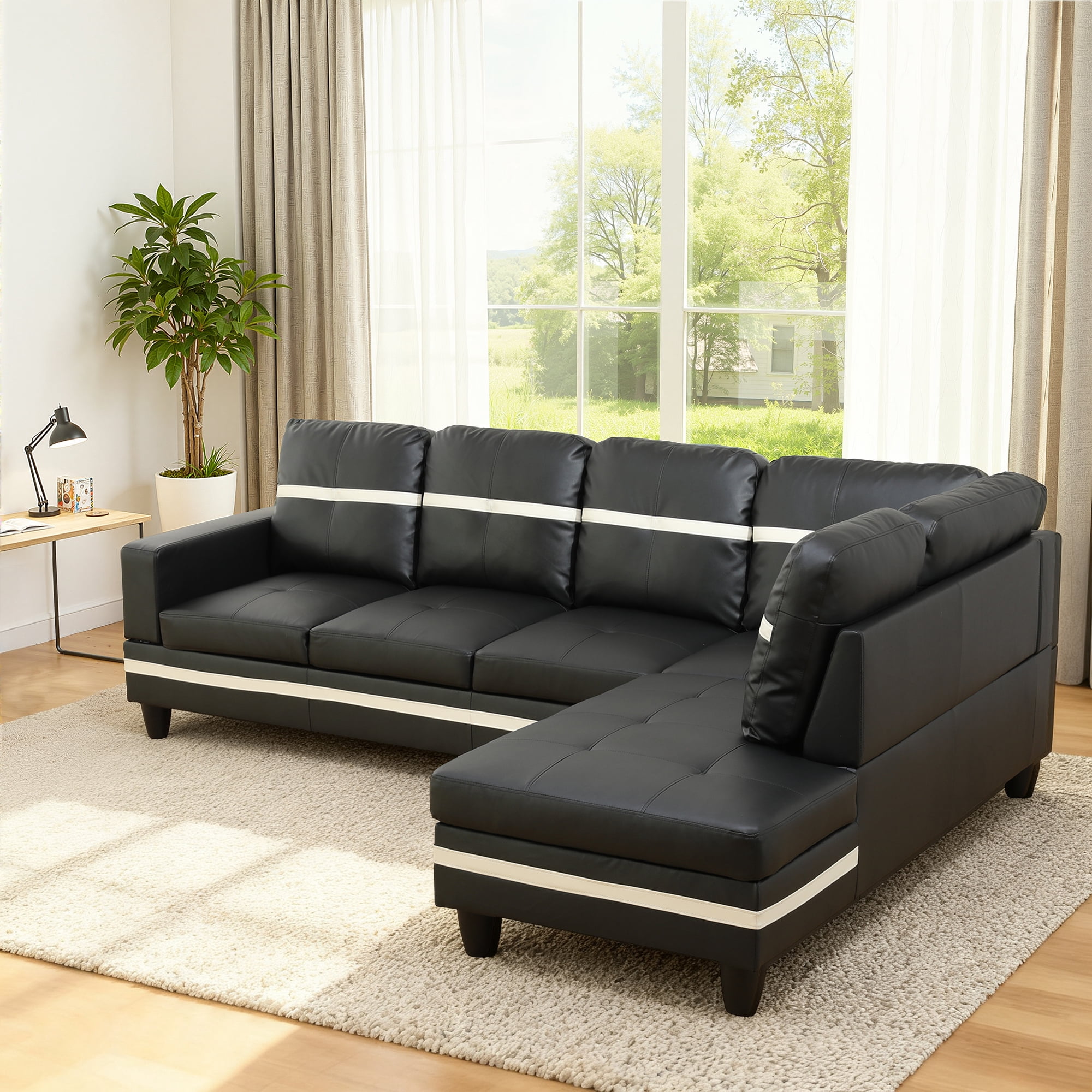 MAYEERTY 103.5" L-Shaped Sectional Sofa, Semi PU Synthetic Leather 2-Piece Modular Couch Sofa Set without Ottoman, Black (Right)