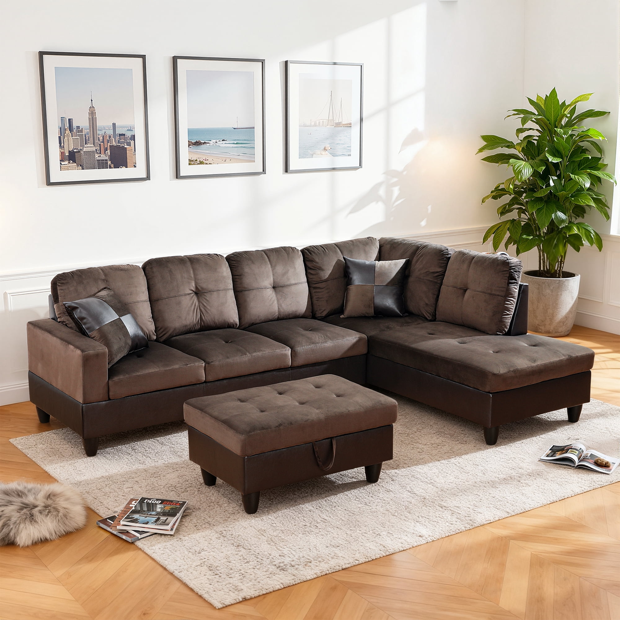 MAYEERTY 103.5" Modern Flannel PVC 3-Piece Couch Living Room Sofa Set，Dark Brown