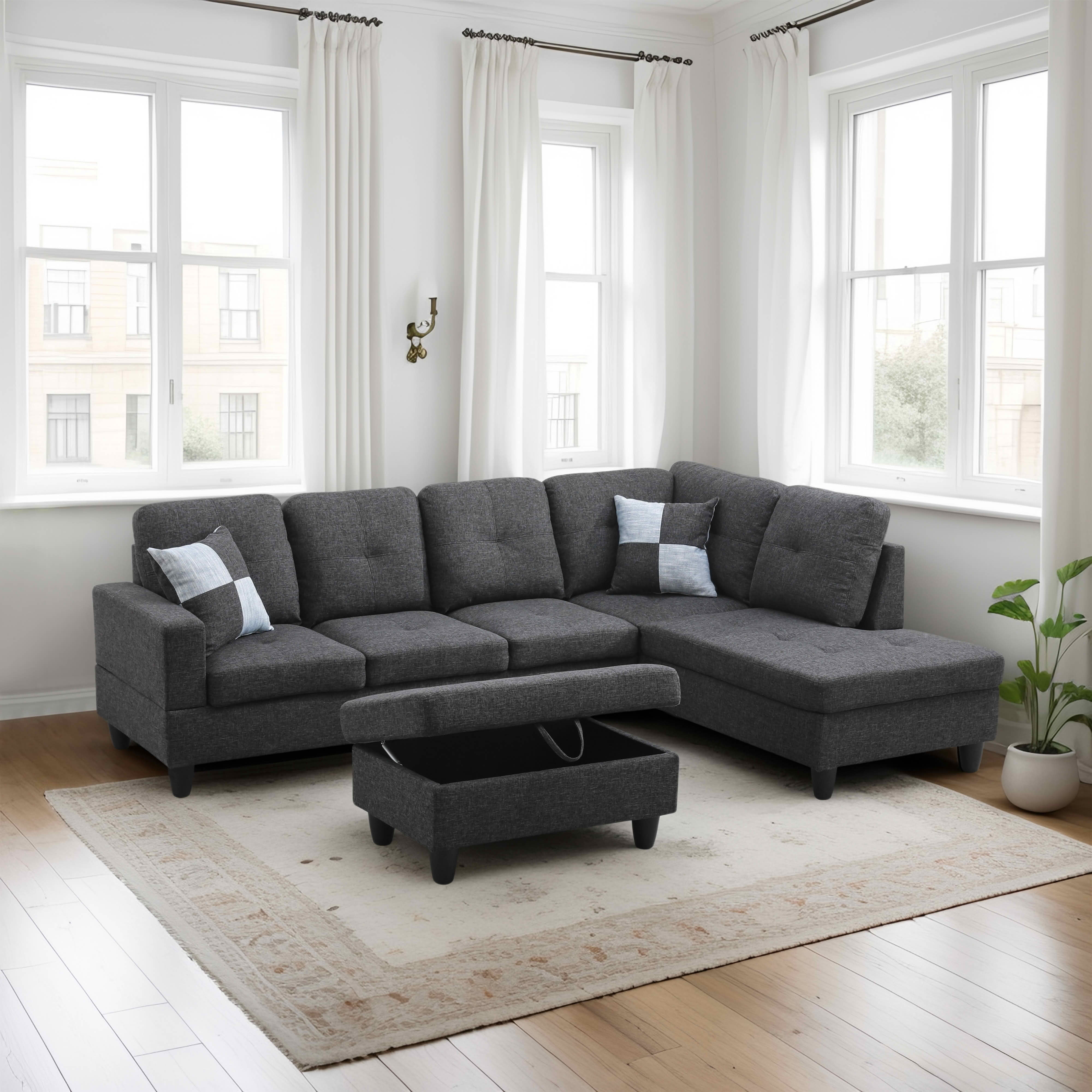 MAYEERTY 103.5" Black Gray Flannel & Faux Leather L-Shaped Sectional Sofa, 3 Piece Tufted Corner Couch with Storage Ottoman Solid Wood Frame