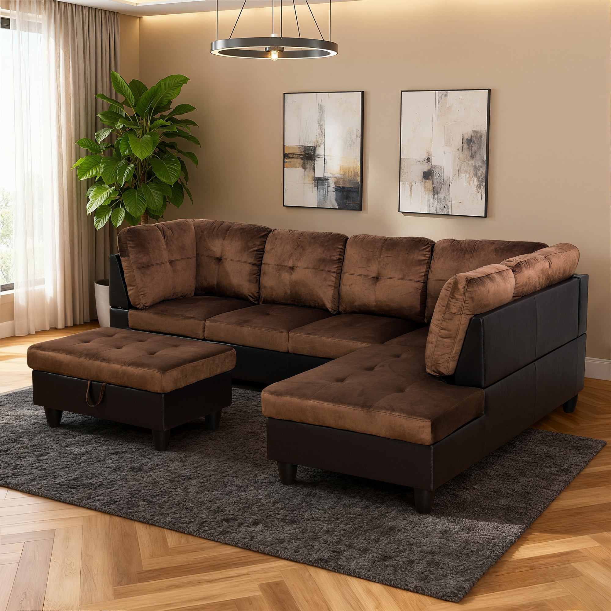 MAYEERTY 103.5" Modern Lint 3-Piece Couch Living Room Sofa Set，Brown