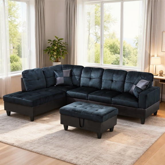 MAYEERTY 103.5" Modern Lint and PVC 3-Piece Couch Living Room Sofa Set，Dark Blue And Brown