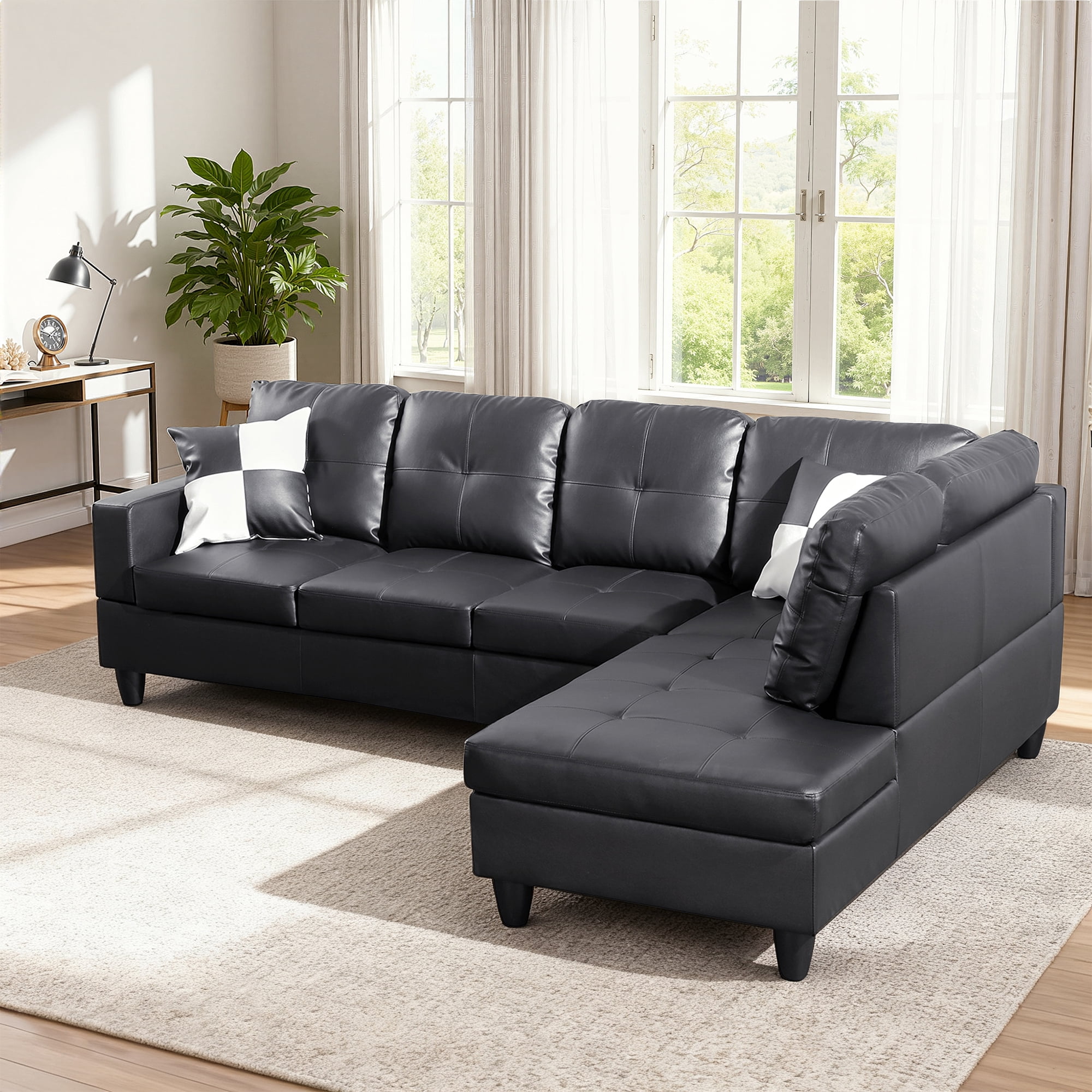 MAYEERTY 103.5" Modular Sofa, 2-Piece Sectional Couches for Living Room, Faux Leather Sofa Set without Ottoman, Black(Right)