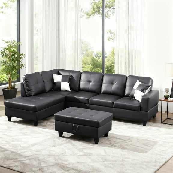 MAYEERTY 103.5" Modular Sofa, 3-Piece Sectional Couches for Living Room, Faux Leather Sofa Set with Ottoman, Black(Left)