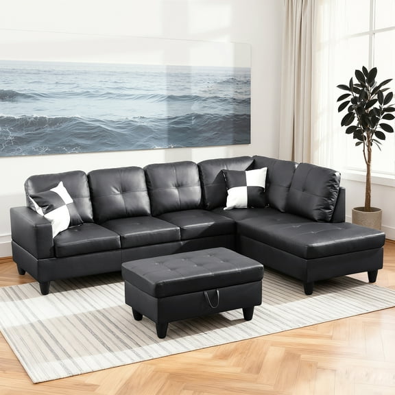MAYEERTY 103.5" Modular Sofa, 3-Piece Sectional Couches for Living Room, Faux Leather Sofa Set with Ottoman, Black(Right)